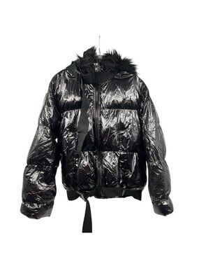 Robin Womens Puffer Coat Shiny Black Faux Fur Hood Full Zip EU Size 40 Pockets